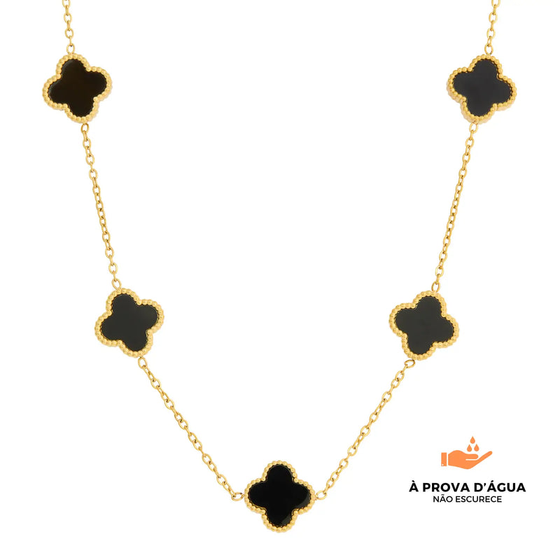 Colar de Trevo Preto Banhado em Ouro 18k